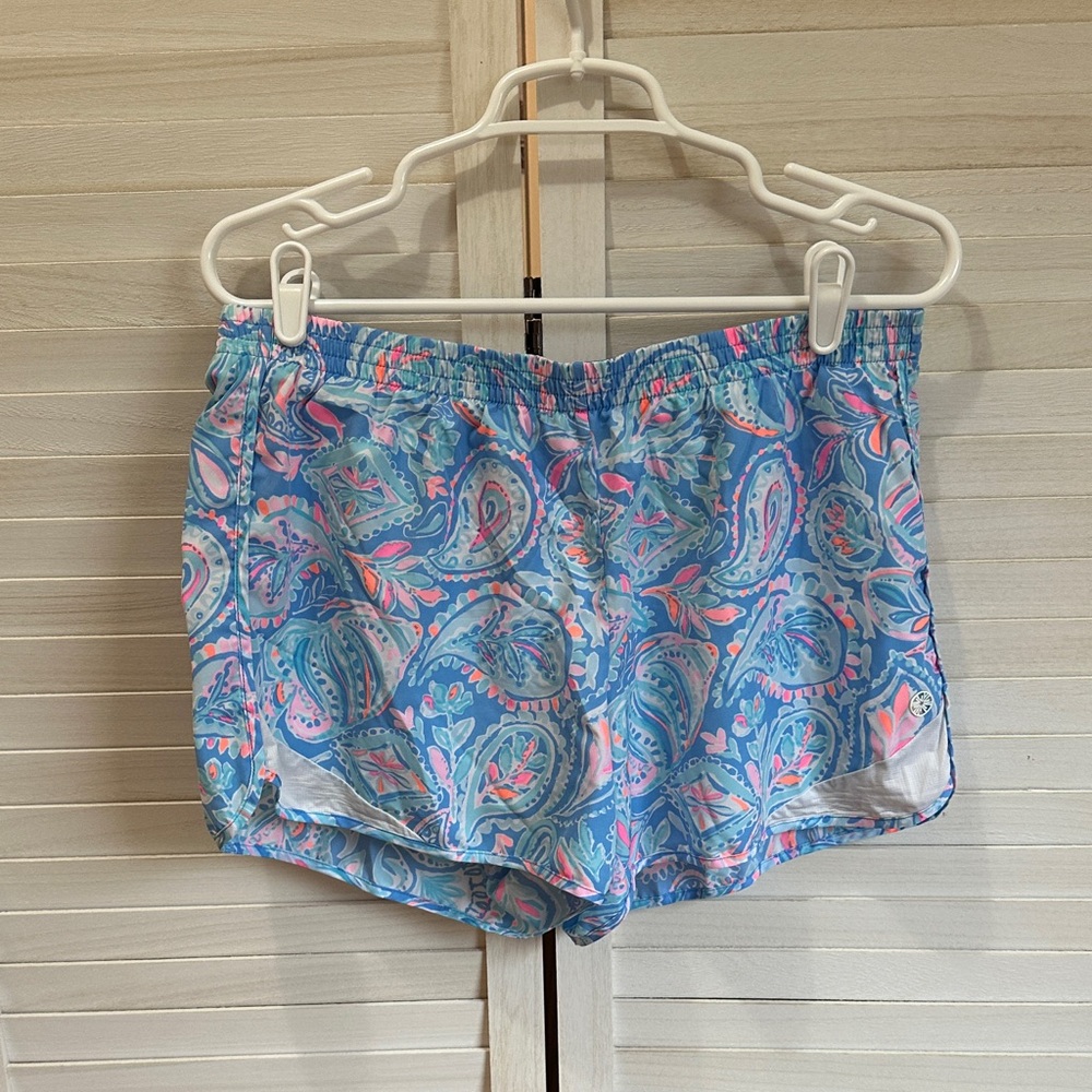 Lilly Pulitzer Blue Paisley Elastic-Waist Athletic Shorts with Pink Accents